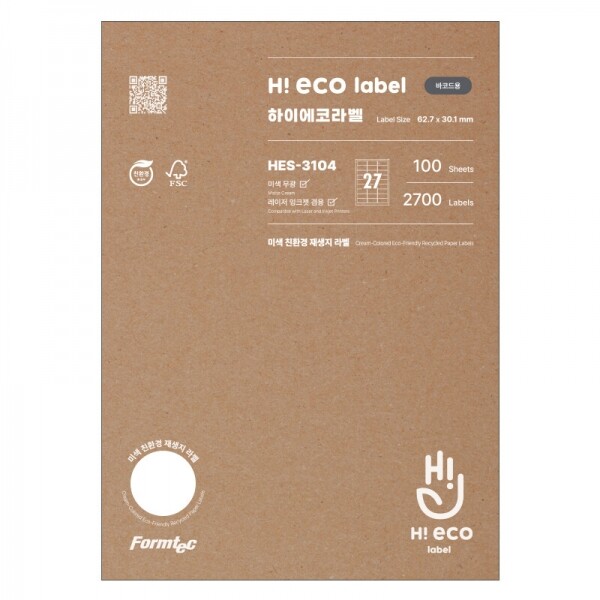 폼샵,하이에코 바코드용 라벨 3104,HES-3104,HES3104,HEQ-3104,HEQ3104,레이저,잉크젯,27칸,재생,재생지,재생용지,친환경라벨,하이에코,바코드용,라벨,3104,하이에코바코드용라벨3104,62.7x30.1,mm,/,A4,20매,100매,선택,62.7x30.1mm/A4/20매100매선택,825